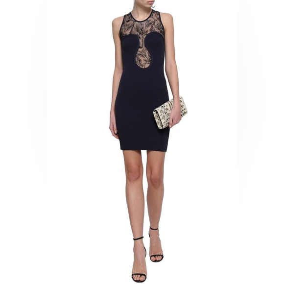 GORGEOUS ROBERTO CAVALLI LACE PANELED RIBBED-KNIT MINI DRESS. SIZE 40 (US 4)